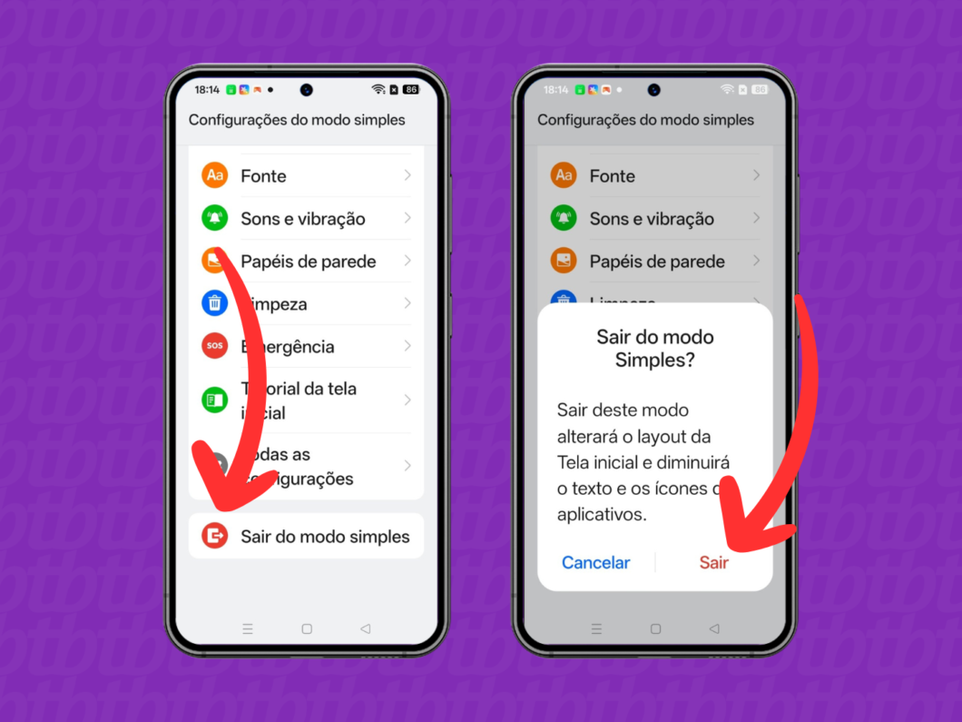 Confirmação para sair do modo simples no celular Realme, com botões Cancelar e Sair