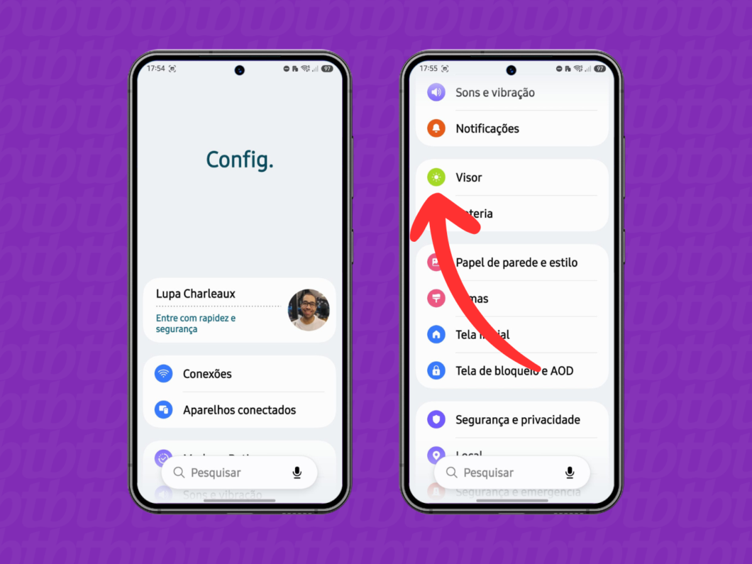 Tela do celular com o menu “Visor” selecionado em Configurações