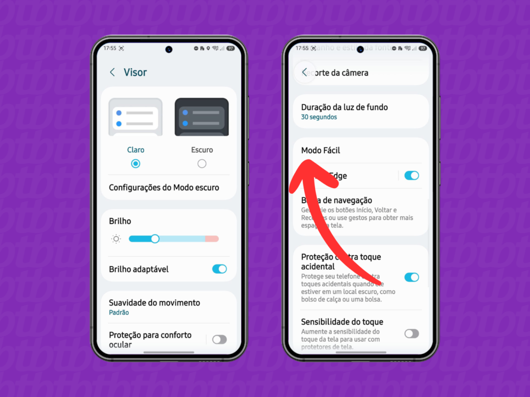 Tela com “Modo Fácil” selecionado nas configurações de acessibilidade do celular Samsung