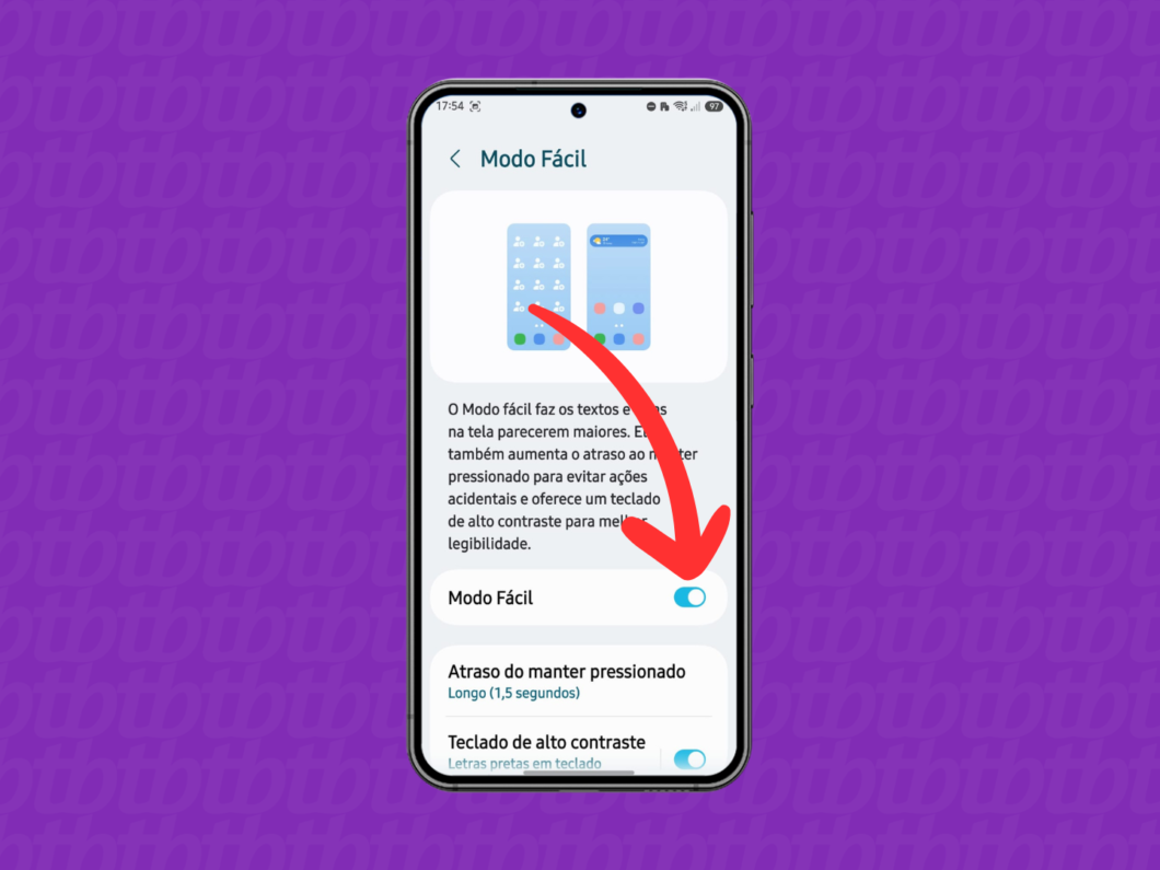 Tela do Samsung com o recurso “Modo Fácil” desativando pela chave seletora no menu de acessibilidade