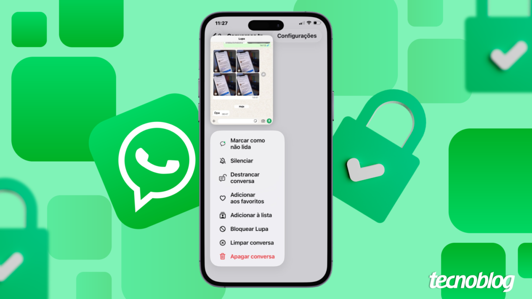 Menu do WhatsApp com a opção “Destrancar conversa” selecionada em Configurações