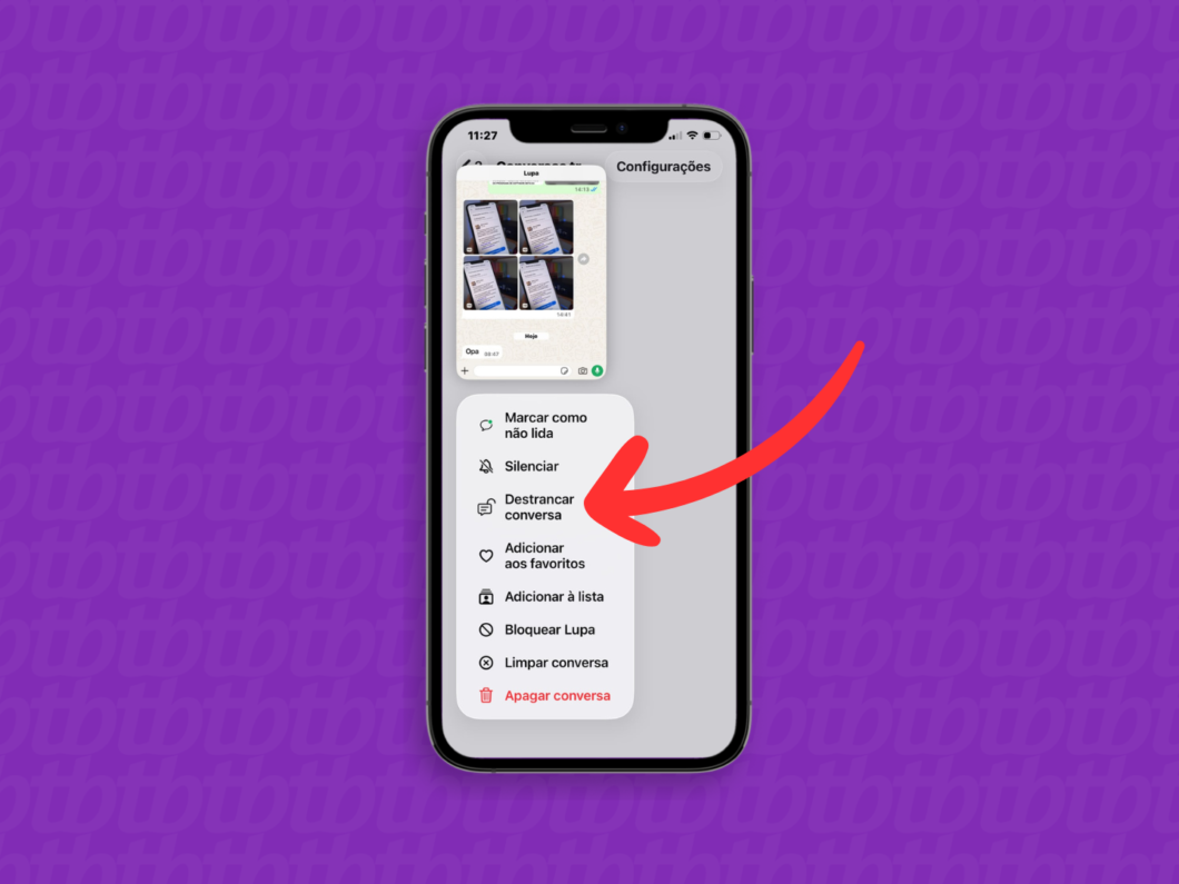 Acessando a opção “Destrancar conversa” no menu do WhatsApp no celular Android (biometria/senha)
