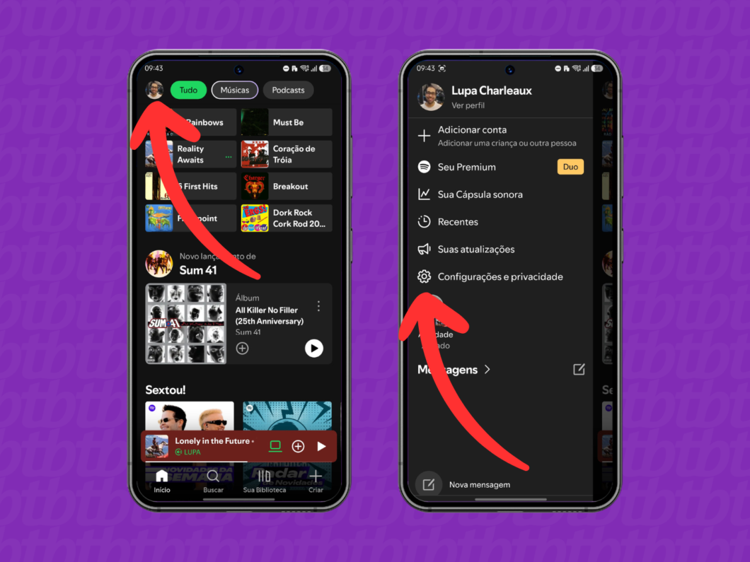 Acessando o menu “Configurações e privacidade” no Spotify no celular
