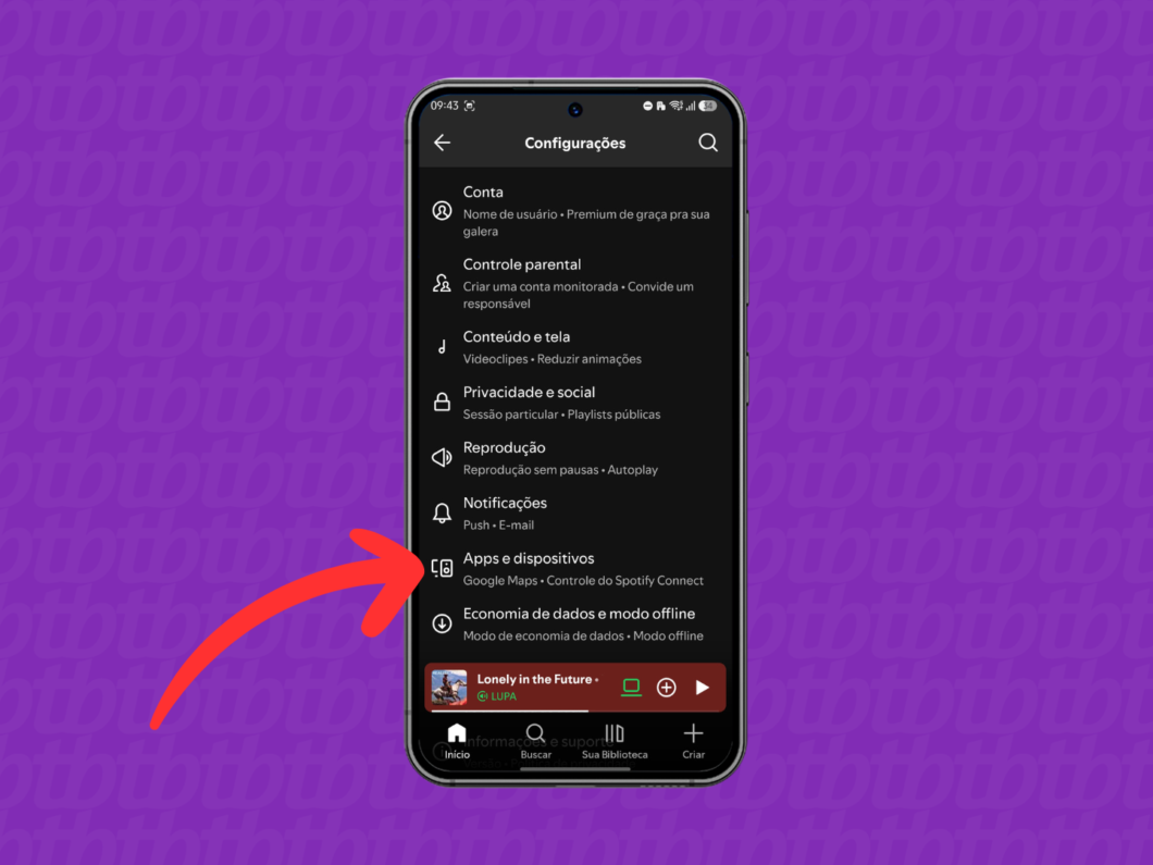 Selecionando o menu “Apps e dispositivos” nas Configurações do Spotify no celular