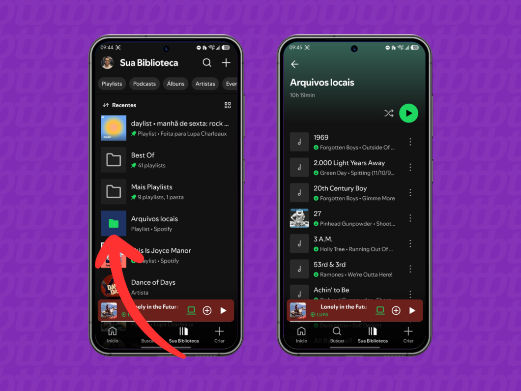 Abrindo a pasta “Arquivos locais” no Spotify para acessar faixas do armazenamento do dispositivo