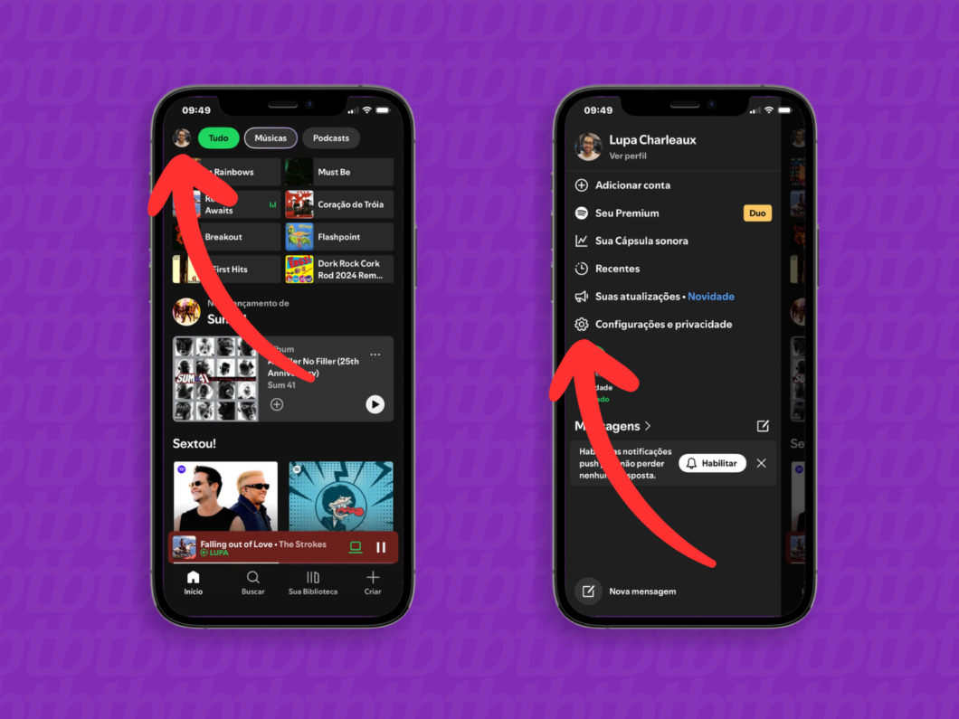 Entrando em “Configurações e privacidade” no Spotify a partir do menu do aplicativo no iPhone