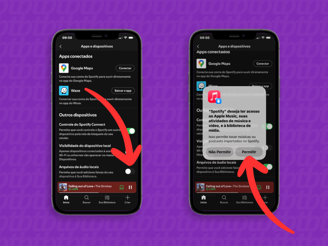 Ativando a função “Arquivos de áudio locais” no Spotify e permitindo o acesso do app à biblioteca de mídia do iPhone