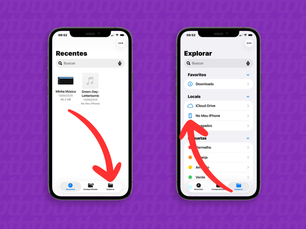 Selecionando a opção “No Meu iPhone” em “Explorar” para acessar arquivos locais no iPhone