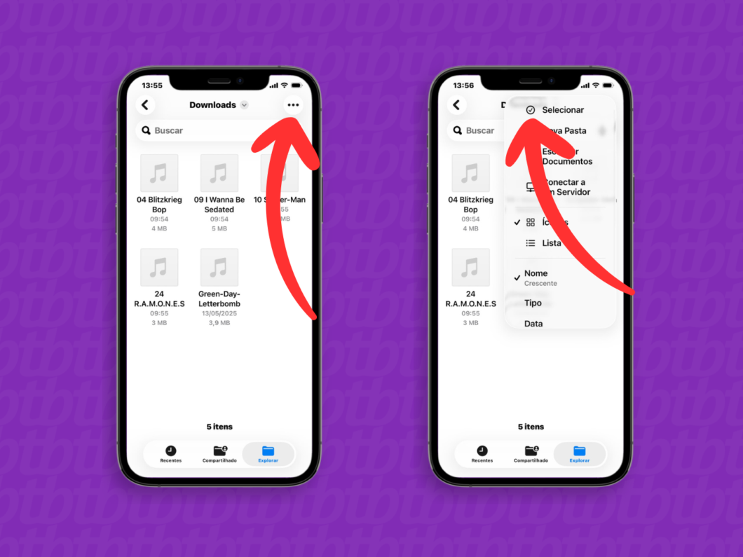 Selecionando músicas no app Arquivos do iPhone para adicionar ao Spotify (via menu “Selecionar”)