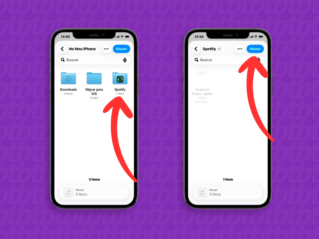 Tela do iPhone mostrando “No Meu iPhone” e “Spotify” para mover os arquivos de música para a pasta Spotify
