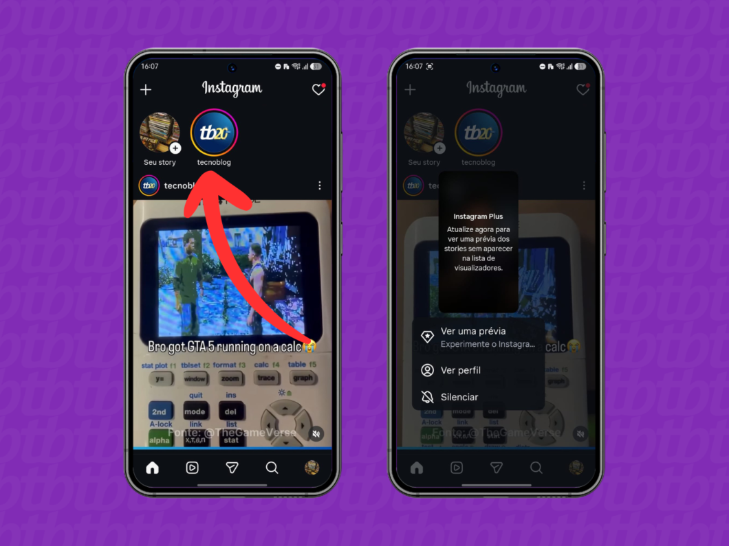 Abrindo a prévia dos stories com o Instagram Plus