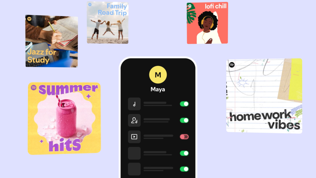Colagem mostrando limitações de um perfil infantil no Spotify