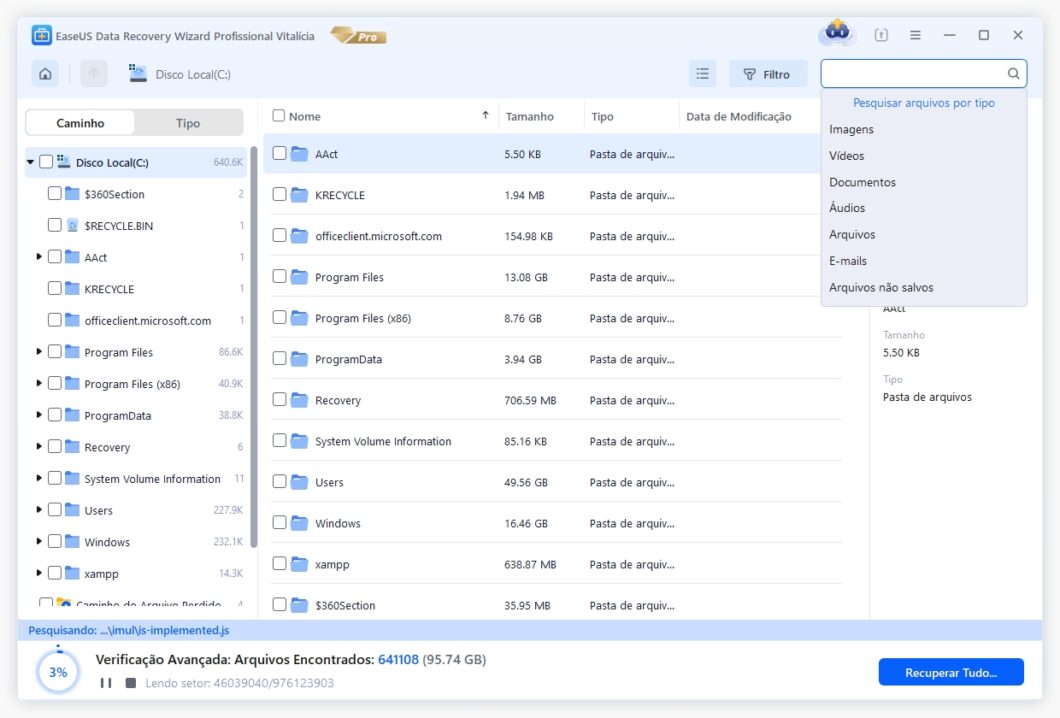 É possível selecionar os arquivos por categorias, como imagens, vídeos e documentos