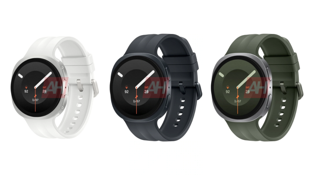 Três variações de smartwatch com tela circular e recursos de clima/temperatura mostrados no mostrador