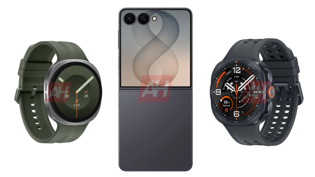 Duas imagens de um smartwatch e suas telas com notificações e dados de saúde e relógio. Imagem de um smartphone dobrável aberto, visto de trás.
