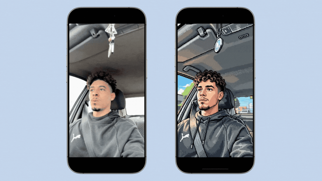 GIF animado colocando uma imagem de um homem na vida real e em estilo pixelart, lado a lado