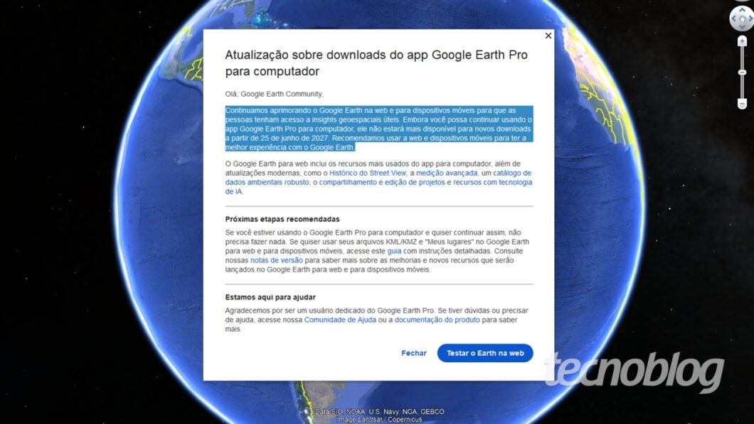 Aviso sobre o fim dos downloads do Google Earth Pro