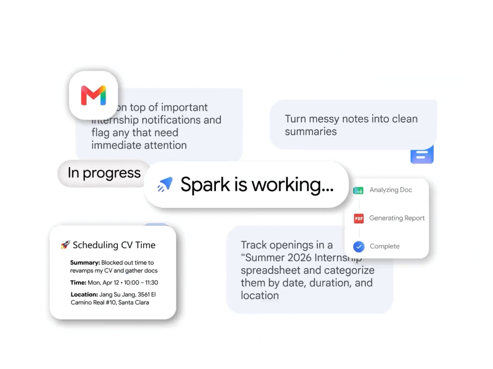 Ilustração sobre fundo claro com diversos cartões de interface flutuantes. No centro, uma pílula branca traz o ícone de um avião de papel azul e o texto "Spark is working...". No topo esquerdo, o ícone do Gmail surge com "...on top of important internship notifications...". No topo direito, lê-se "Turn messy notes into clean summaries". Abaixo, aparecem blocos com "Scheduling CV Time", "Track openings in a 'Summer 2026 Internship'..." e o status "Analyzing Doc" com "Complete".