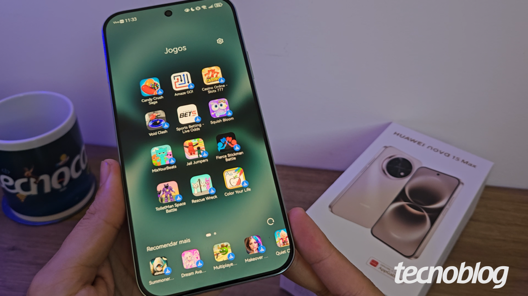 Tela do Huawei Nova 15 Max com vários ícones de jogos e apps pré-instalados na seção “Jogos”