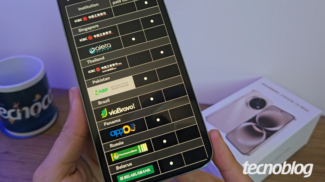 Nova 15 Max: tela com cartões e apps sem opção de pagamento por aproximação (NFC) no Brasil