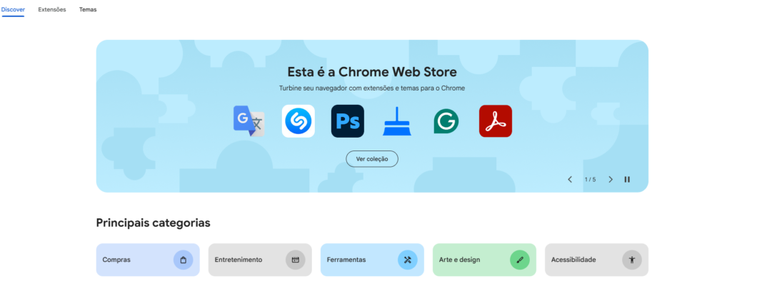 Captura de tela da tela inicial da Chrome Web Store