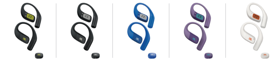 Opções de cores do fone JBL Endurance Zone em diferentes combinações: preto, azul, roxo e branco