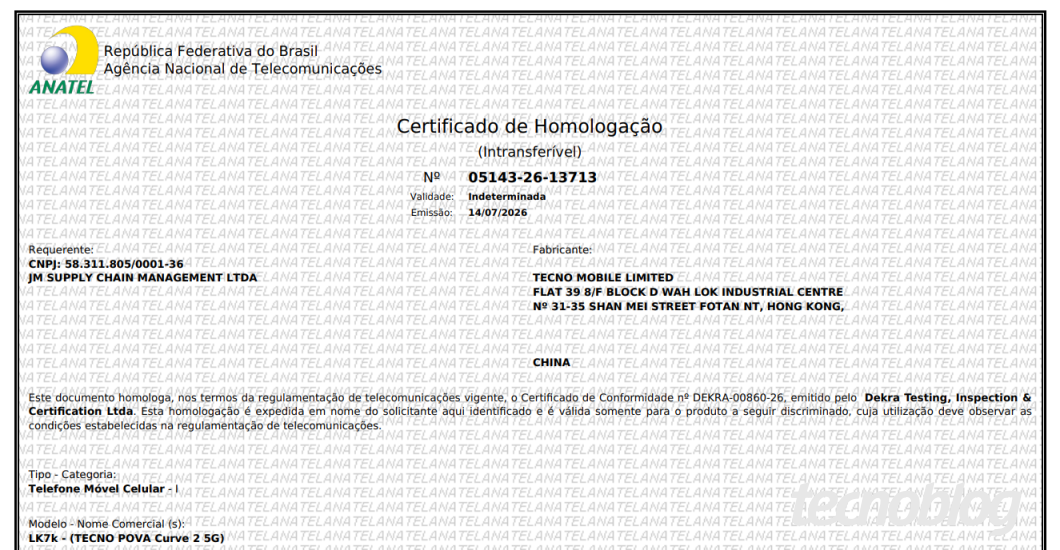 captura de tela de um certificado de homologação da Anatel