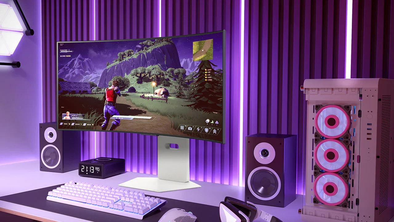 Imagem de divulgação mostra o monitor curvo da LG durante a gameplay de um jogo. A iluminação do cenário é roxa.