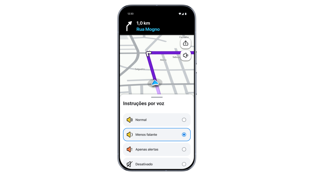 Opção “Menos falante” no Waze para reduzir instruções de navegação por voz