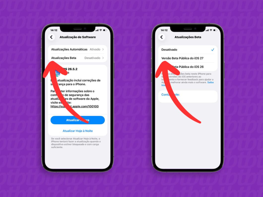 Tela de iPhone mostrando as opções de “Atualizações Beta”, com “Versão Beta Pública do iOS 27” selecionável após o cadastro no programa da Apple