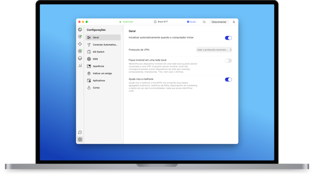 Tela de configurações da NordVPN em um MacBook, com conexão ativa no Brasil e opções como protocolo de VPN, invisibilidade em rede local e envio de dados anônimos.