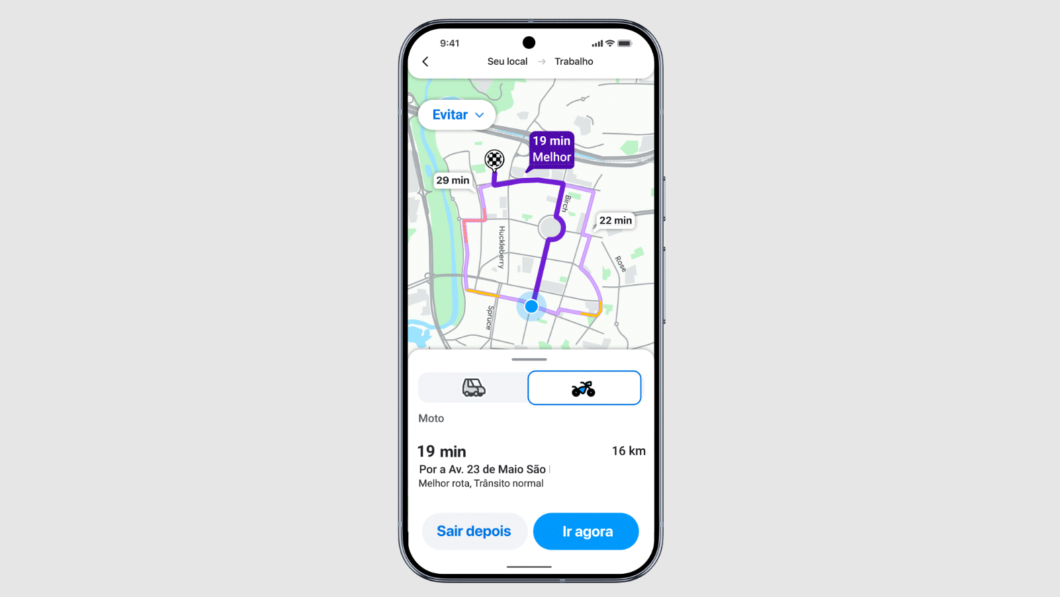 Tela do Waze mostrando rota no Modo Moto para evitar, com ícone de moto selecionado e tempo de 19 min