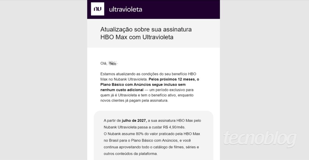 E-mail sobre mudanças na HBO Max para clientes Ultravioleta