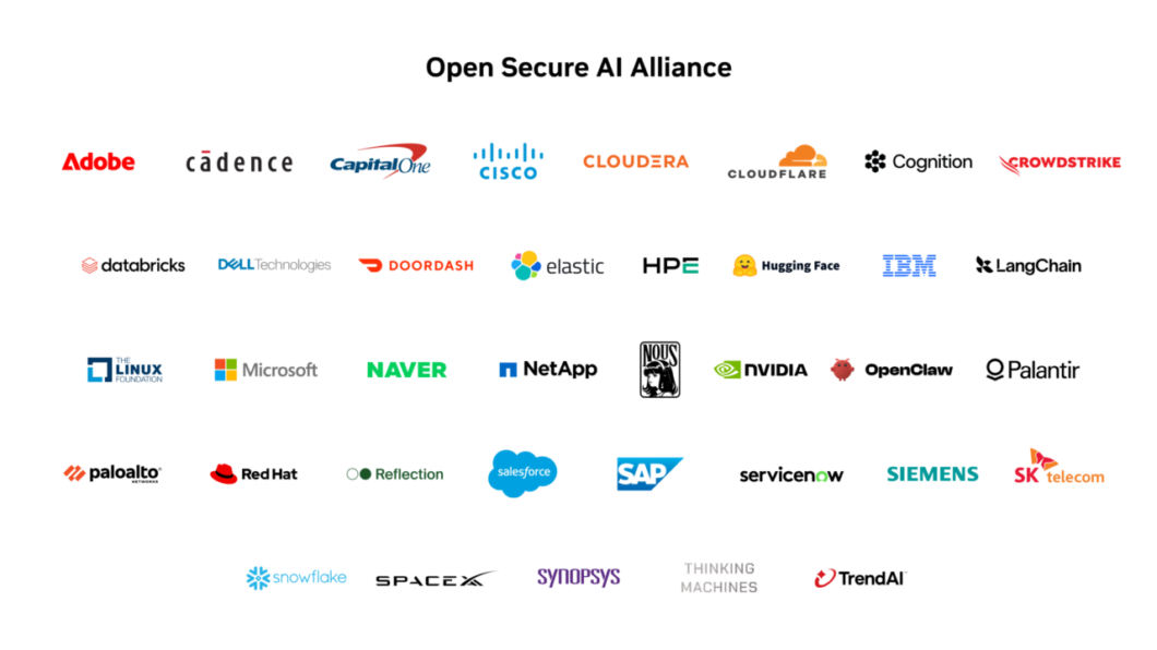 Logos das empresas que assinam a nova aliança de IA liderada pela Nvidia (Open Secure AI Alliance). Imagem mostra marcas como Adobe, Microsoft, SpaceX e Palantir.