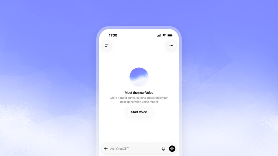 Demonstração do ChatGPT Voice: “Meet the new Voice” com botão “Start Voice” no iPhone