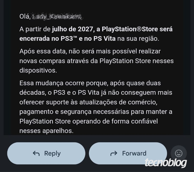 E-mail de aviso sobre o fim da PS Store para PS3 e PS Vita