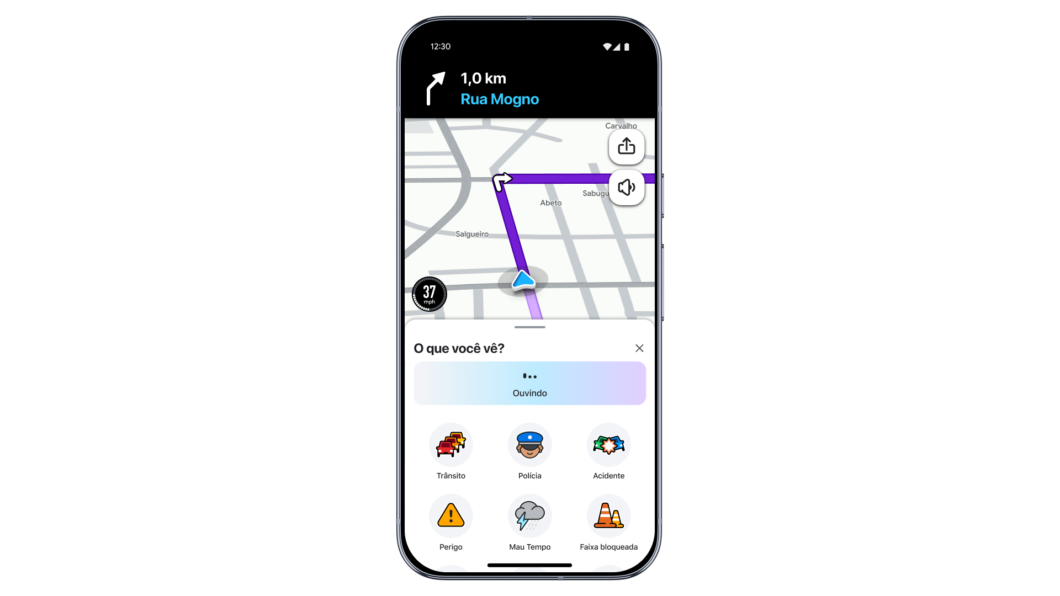 Tela do Waze com assistente Gemini ajudando a atualizar mapas e encontrar destinos