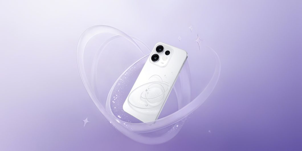 Smartphone OPPO Reno16 branco aparece em destaque sobre fundo lilás, com efeito visual de anéis translúcidos e brilho ao redor do aparelho.