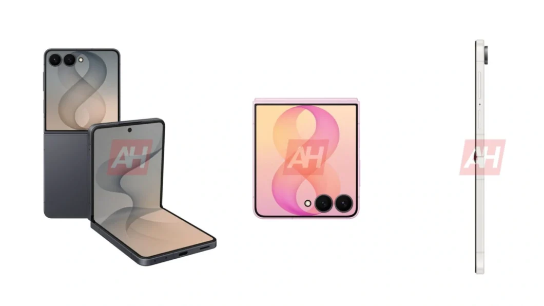 Conjunto de smartphones dobráveis mostrando a parte frontal e traseira com destaque para as câmeras traseiras e a tela inicial
