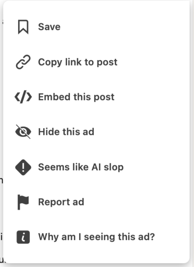 Menu do LinkedIn mostrando o botão “Seems like AI slop” para denunciar publicações suspeitas de IA