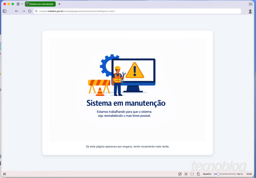 Captura de tela de navegador com a aba "Sistema em manutenção" e a URL "sirpweb.trabalho.gov.br/pages/solicitacoes/solicitarRegistro.seam". No centro, uma ilustração vetorial mostra um homem de capacete amarelo segurando chave inglesa diante de um monitor com aviso de alerta, engrenagens e barreira. Abaixo lê-se "Sistema em manutenção", "Estamos trabalhando para que o sistema seja reestabelecido o mais breve possível." e "Se esta página apareceu por engano, tente novamente mais tarde."