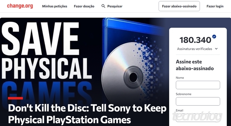Página do abaixo-assinado contra jogos sem mídia física o PlayStation
