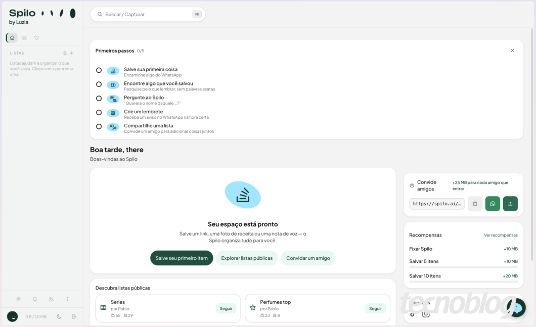Boas-vindas ao Spilo, com instruções para salvar o primeiro item e ações como explorar listas públicas e convidar amigos