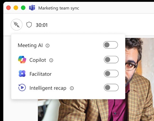 Painel do Teams “Meeting AI” para gerenciar e desligar Copilot, Facilitador e Recap na reunião