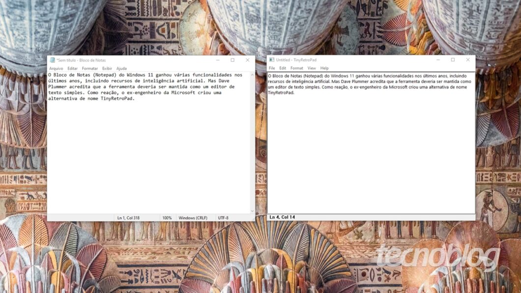 Notepad clássico à esquerda, TinyRetroPad à direita