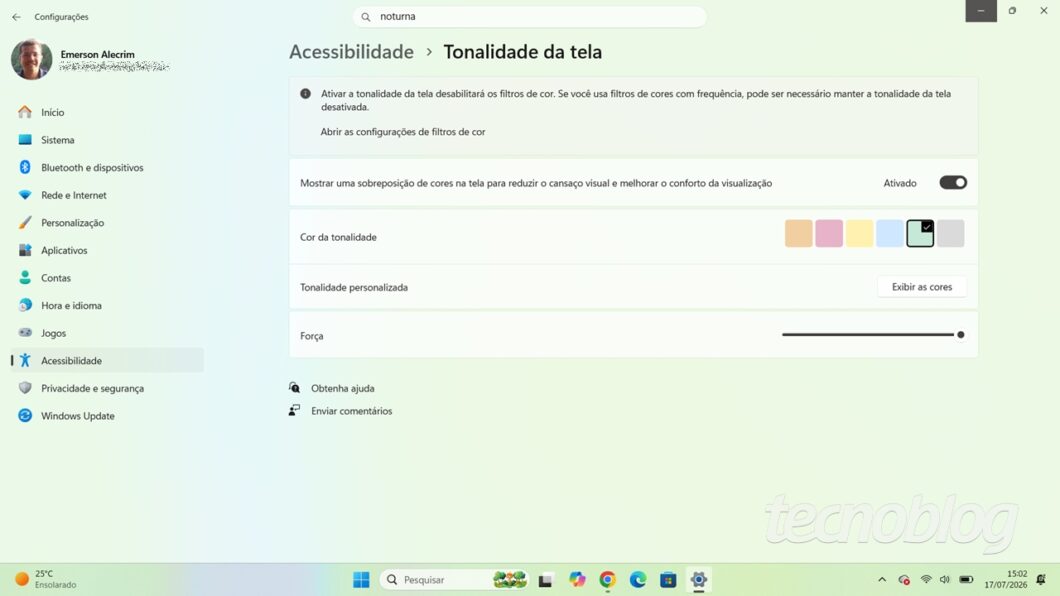 Área de configuração da função Tonalidade da Tela