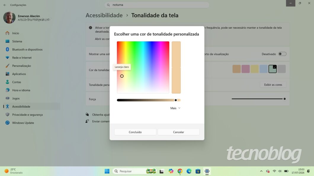 É possível definir uma tonalidade personalizada (imagem: Emerson Alecrim/Tecnoblog)