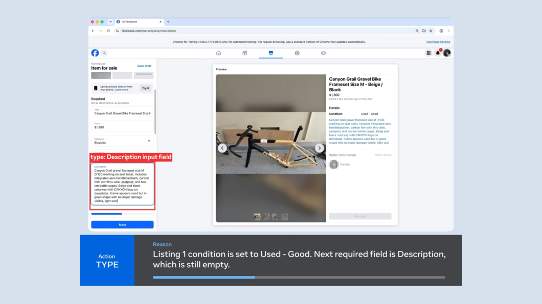 Imagem mostra a IA Muse Spark 1.1 extraindo dados de um vídeo para preencher campos e automatizar ações no navegador