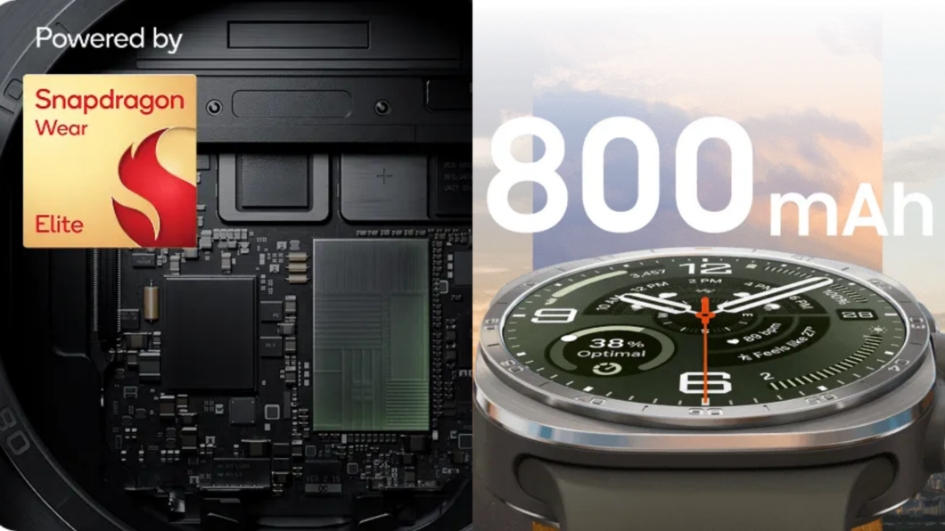 À esquerda, um chip snapdragon wear elite. À direita, imagem mostra o Galaxy Watch Ultra 2 em material de titânio, com os escritos "800 mAh" em destaque.