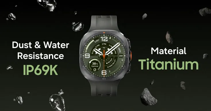 Imagem mostra o Galaxy Watch Ultra 2 com a informação de certificação industrial IP69K em destaque